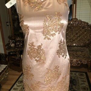 Boston Proper Rose Gold Embroidered Satin Midi Dress